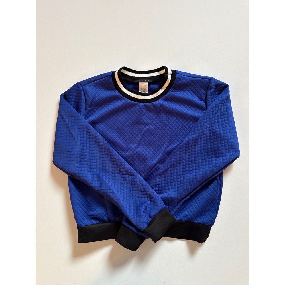IN STYLE Women Royal Blue Quilted Diamond Sweatshirt Striped Neck Small 16654D